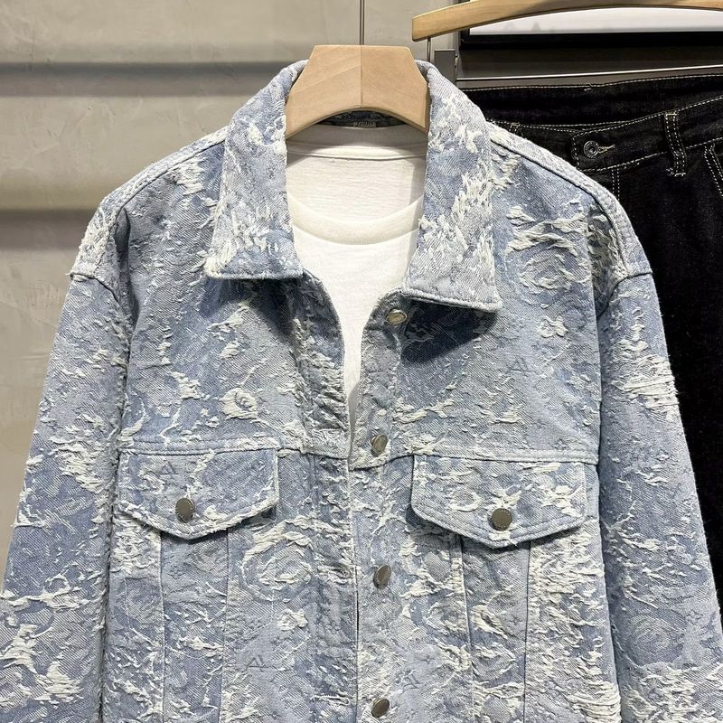 Herrenbekleidung Retro-Jacquard-Jeansjacke für Männer, lockeres Design, vielseitige, hübsche, trendige Arbeitsjacke_voghion.com