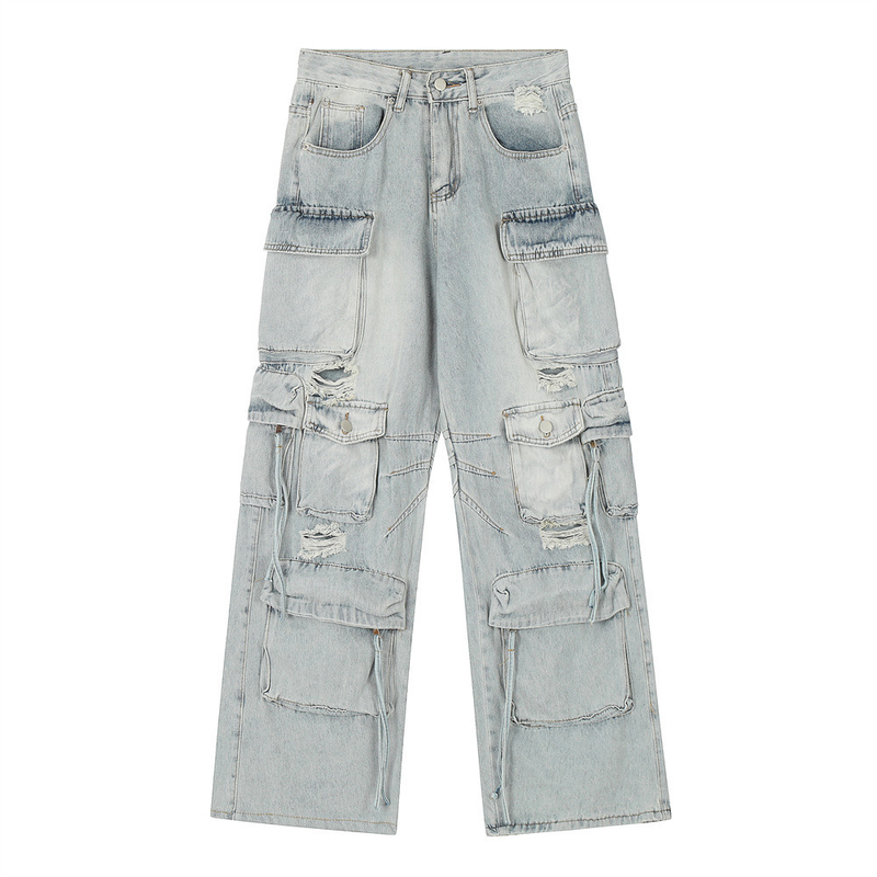 Jeans cargo multitasche funzionali da uomo, pantaloni larghi e dritti alla moda, stile punk, lavati e strappati_voghion.com
