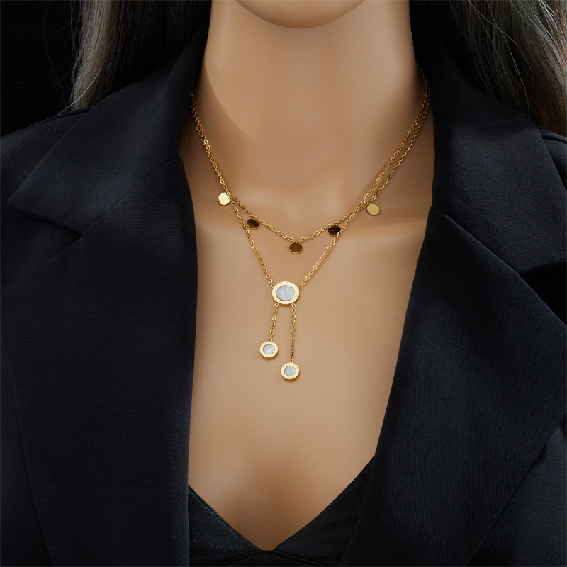 Double-layer Roman round brand shell tassel titanium steel clavicle chain niche design light luxury high-end temperament necklace_voghion.com