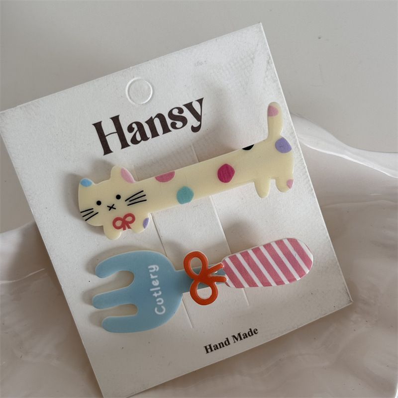 Pacote com 2 lindos grampos de cabelo para filhotes de gatinhos, garfo, colher, franja, grampo, versátil, desenho animado_voghion.com