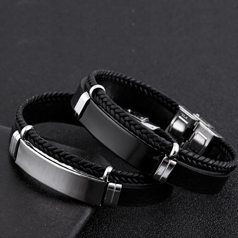 Hip Hop Punk Style Beliebtes Twist Geflochtenes Doppelschicht-Lederarmband Titanstahlarmband_voghion.com