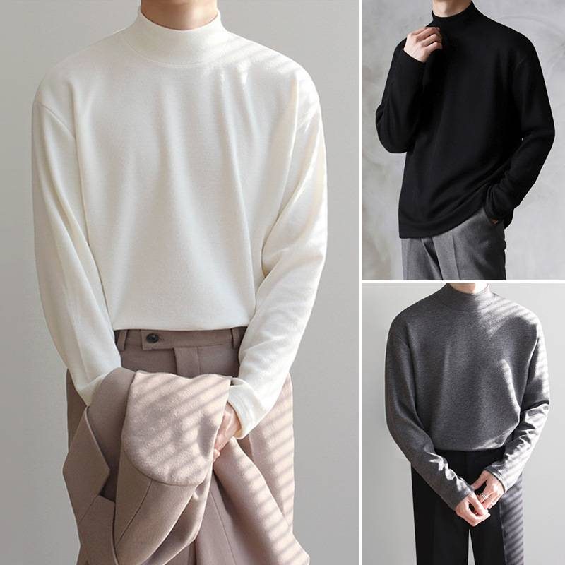 Men's Clothing Winter And Autumn Tops Half Turtleneck Bottoming Shirt Men's Solid Color Long Sleeve T Shirts Trendy T Shirts_voghion.com