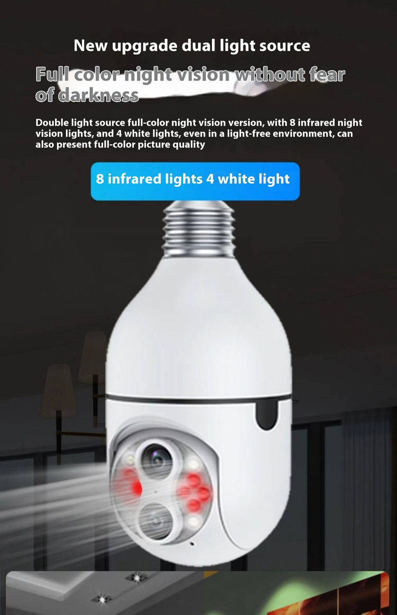 Câmera de segurança com lâmpada dupla - PTZ sem fio WiFi 360° com visão noturna colorida e monitoramento residencial inteligente_voghion.com