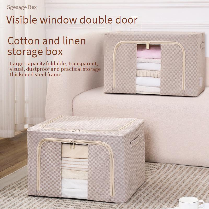 Plaid Fabric Storage Box Foldable Household Large Capacity Cotton And Linen Quilt Storage Clothing 5.0 Steel Frame Storage Box_voghion.com