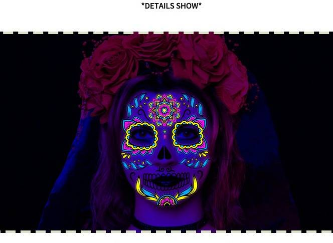 Halloween Temporary Tattoos Stickers - Glow In The Dark Day Of The Dead Face & Body Art For Party, Scary Makeup, Costume Accessories (8-Piece Set)_voghion.com