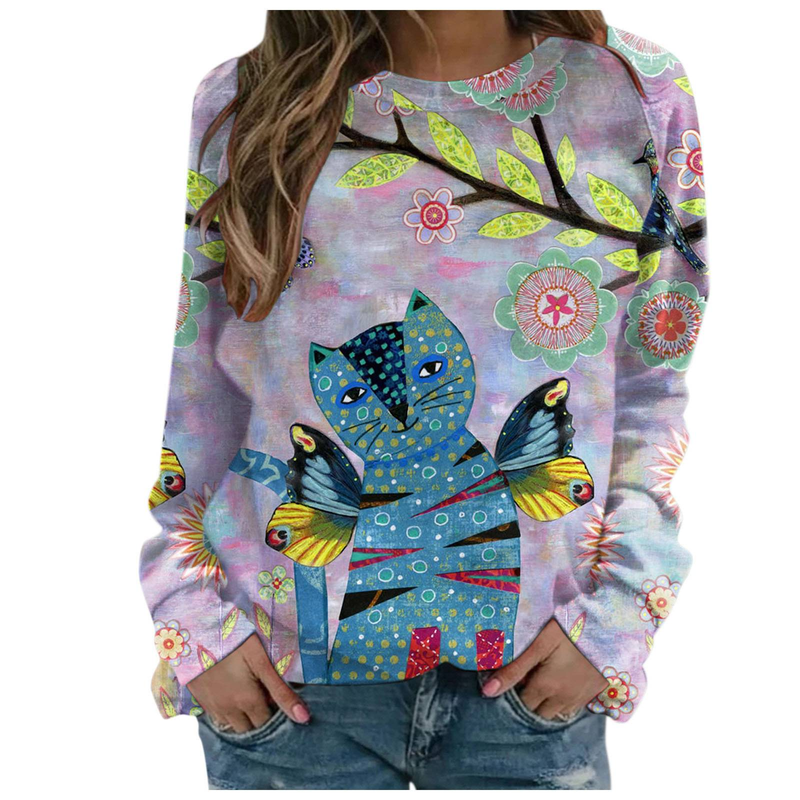 Y2K Art Cat Sweatshirts Fall Abstract Graphic Pullover Tops Long Sleeve Oil Painting Cat Printed T Shirts_voghion.com