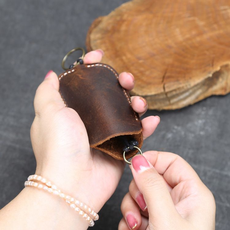 New Simple Crazy Horse Leather Key Case First Layer Cowhide Handmade Lanyard Keychain_voghion.com