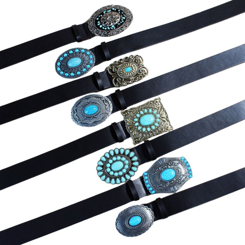 Wide Leather Belt For Women Retro Palace Style Sapphire Inlaid Oval Western Buckle Ladies Black Pants Belt_voghion.com