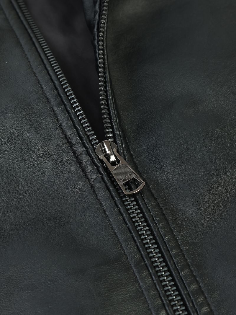 Men's Slim Fit PU Leather Biker Jacket With Multiple Zippers, Stand Collar, Winter Motorcycle Riding Jacket For Teens & Young Adults_voghion.com