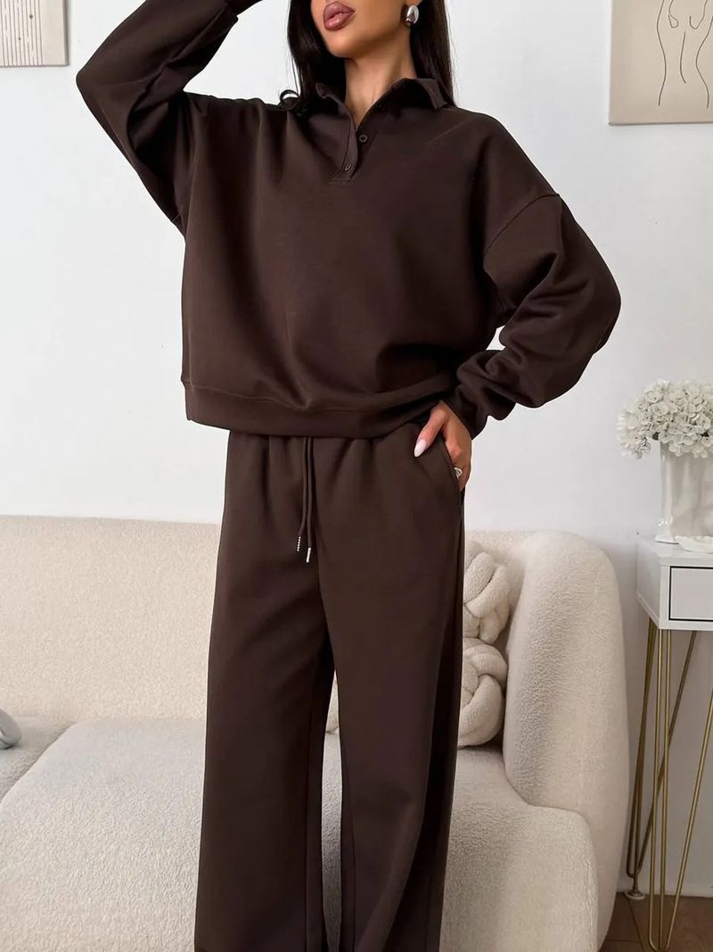 Set sportivi casual da donna, tinta unita, maniche lunghe, pullover con revers abbottonato, felpa, pantaloni con lacci, completo due pezzi_voghion.com