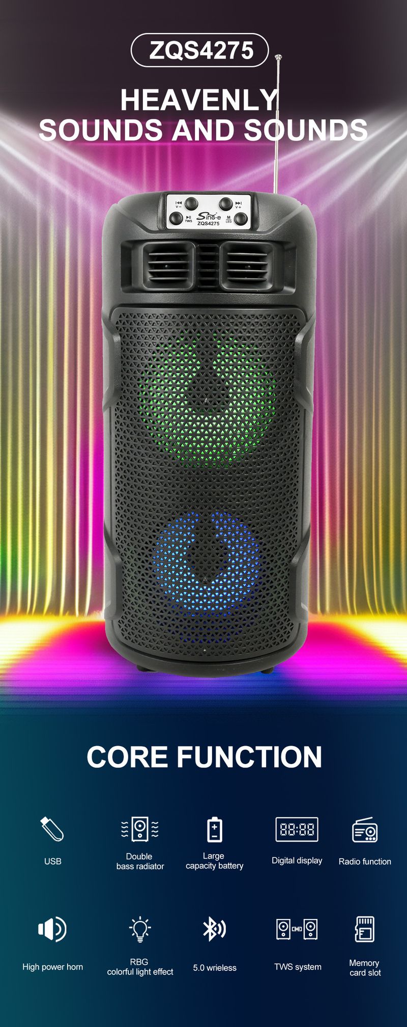 ZQS4275 Solarlade-Flammenlicht-Plug-in-Kabelloser Bluetooth-Lautsprecher mit Radiofunktion_voghion.com