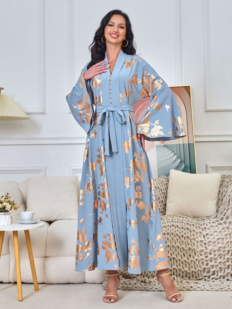 Damenbekleidung Naher Osten Muslimische Damenmode im neuen Stil mit Goldprägung Abendkleid Arabisches Kleid Kaftan Robe_voghion.com