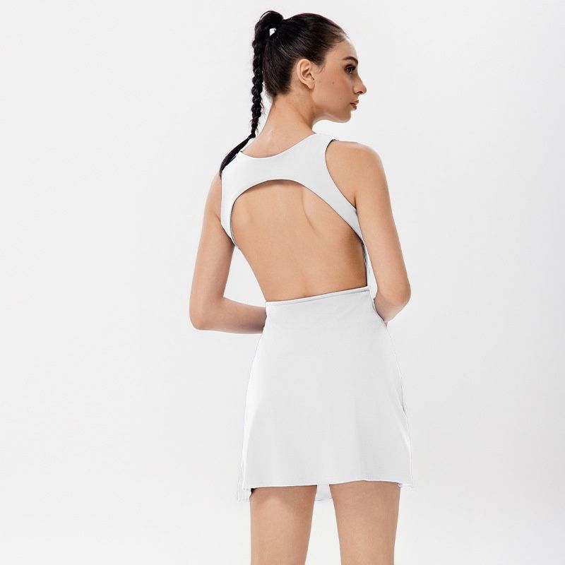 001 Cross-border Backless Solid Color Yoga Tennis Skirt Lightweight Breathable Outdoor Fitness Running Golf Sports Dress For_voghion.com