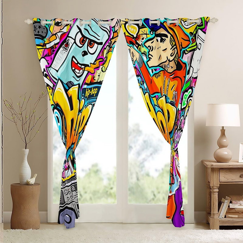 Kids Boys Teens Hip Hop Decor Window Curtains Graffiti Graphic Blackout Curtain Street Culture Window Treatments_voghion.com