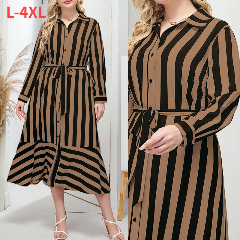 Damenkleid in Übergröße für Herbst und Winter, elegante Farbblockstreifen, verstellbarer Gürtel in der Taille, fließendes Maxikleid in A-Linie für Büro und Freizeit (0XL-4XL)_voghion.com