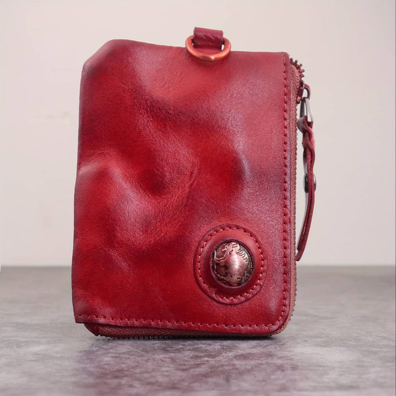 Wallet, Vintage Vegetable Tanned Leather, Distressed Wallet, Zipper Wallet, Key Holder, Card Holder_voghion.com