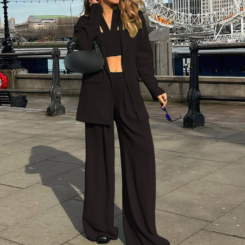 Kadın Moda Mizaç Uzun kollu Blazer Rahat Pantolon Takım Elbise Üç Parçalı Set_voghion.com