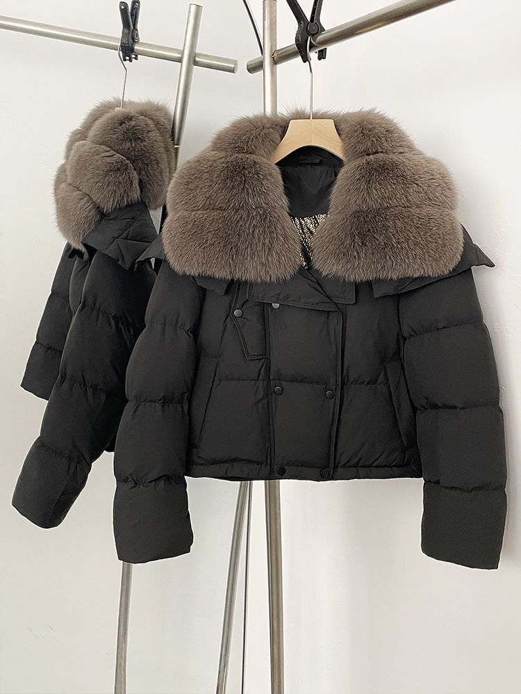 Women's Winter Fox Fur Trim Short Down Jacket With Luxury Faux Fur Collar, Thickened Casual Parka Coat For Fashion & Warmth_voghion.com