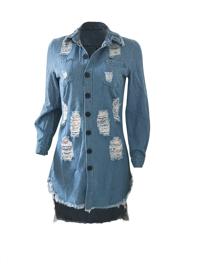 Vestido vaquero con flecos rasgados a la moda para mujer_voghion.com