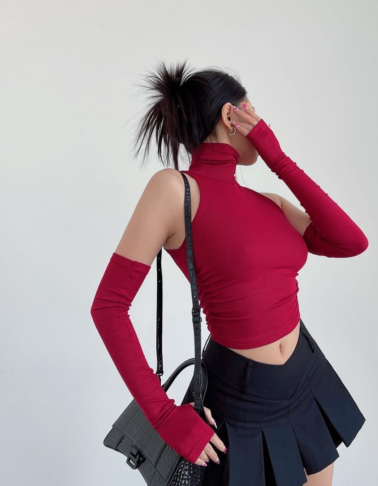 Canotta sexy a maniche lunghe con scollo alto, nuova Spicy Girl 2025, da donna, vestibilità attillata, corta e nuda_voghion.com
