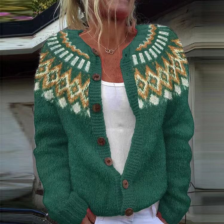 Cardigan etnico in maglia jacquard | Maglione pullover boho (S-5XL, oltre 30 colori)_voghion.com