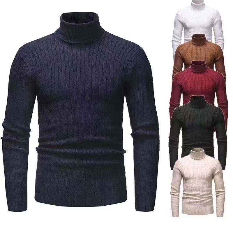 Maglione dolcevita da uomo autunno e inverno, sottile, tinta unita, con fondo lavorato a maglia_voghion.com