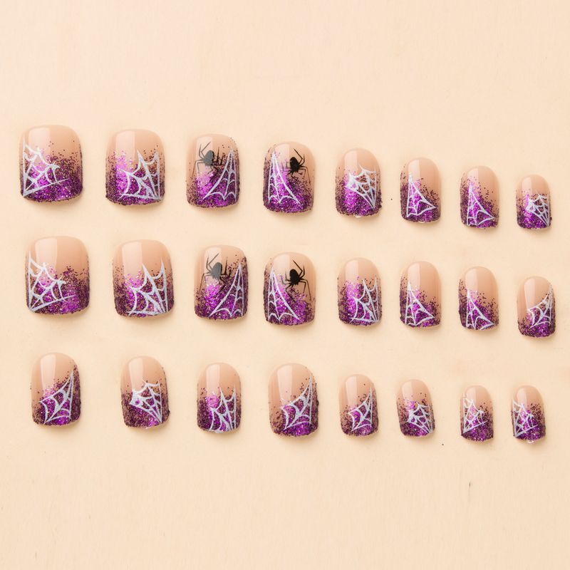 Unghie finte corte, lucide, quadrate, glitterate, Halloween, ragnatela bianca, ragno nero, unghie staccabili e indossabili, 24 pezzi_voghion.com