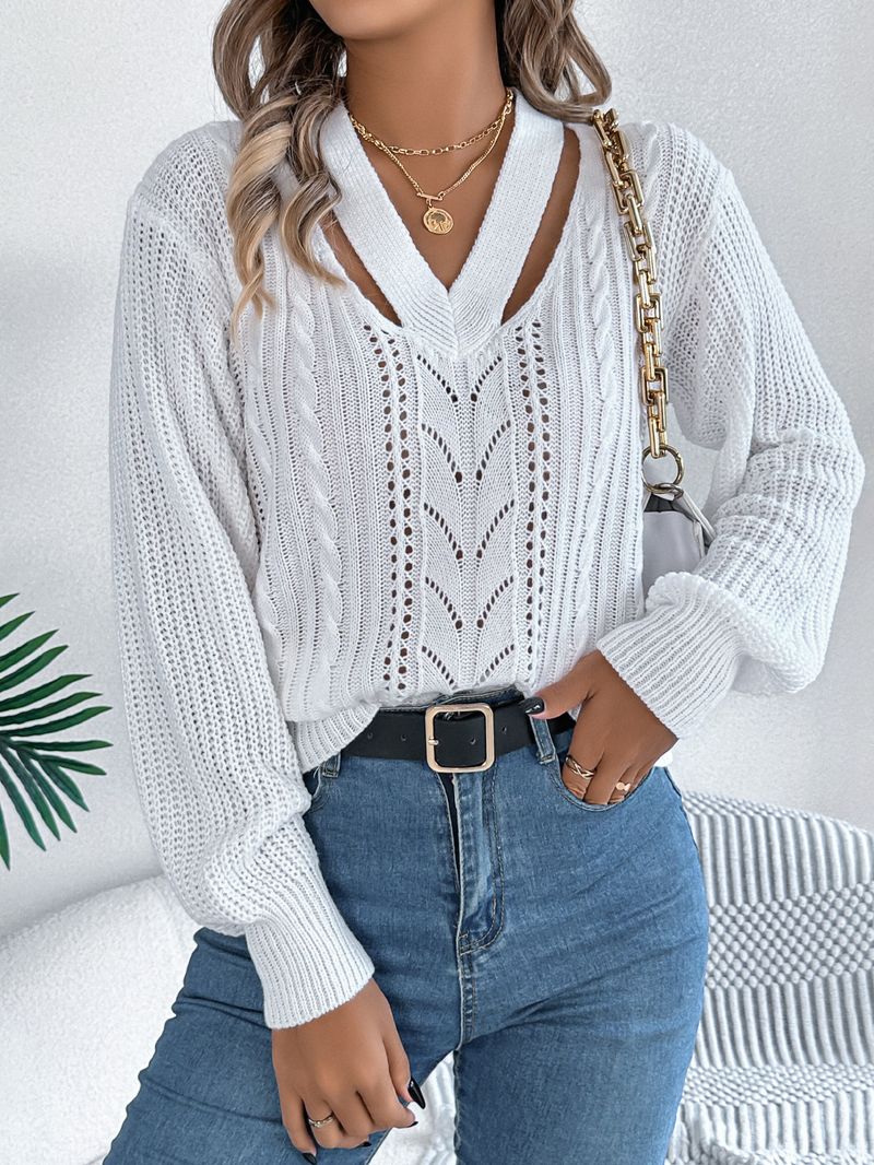 Maglione pullover casual con scollo a V e maniche a lanterna in maglia a trecce, autunno inverno 2025, moda donna_voghion.com