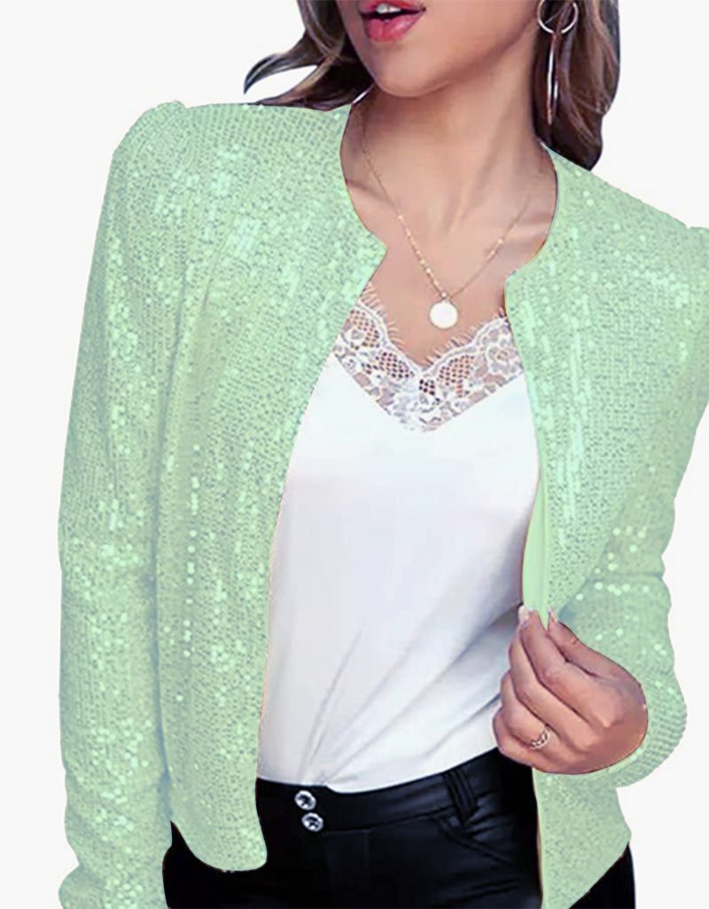 Women's Clothing Women's Fashion Stand up Collar Solid Color Sequined Jacket Short Casual All match Small Jacket_voghion.com