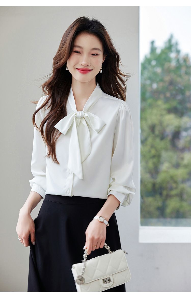 K New Bow Tie Design Women's Shirt; Minority Professional Style Satin Blouse With Sash_voghion.com