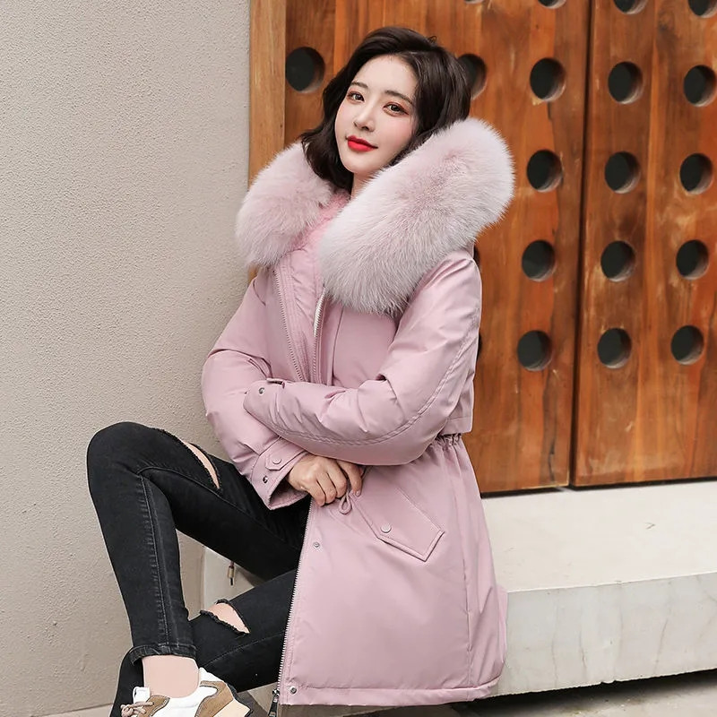 Parka con capucha para mujer, abrigo largo a la moda con forro de lana, Parkas ajustadas con Cuello de piel, ropa cálida para la nieve acolchada, novedad de 2023_voghion.com