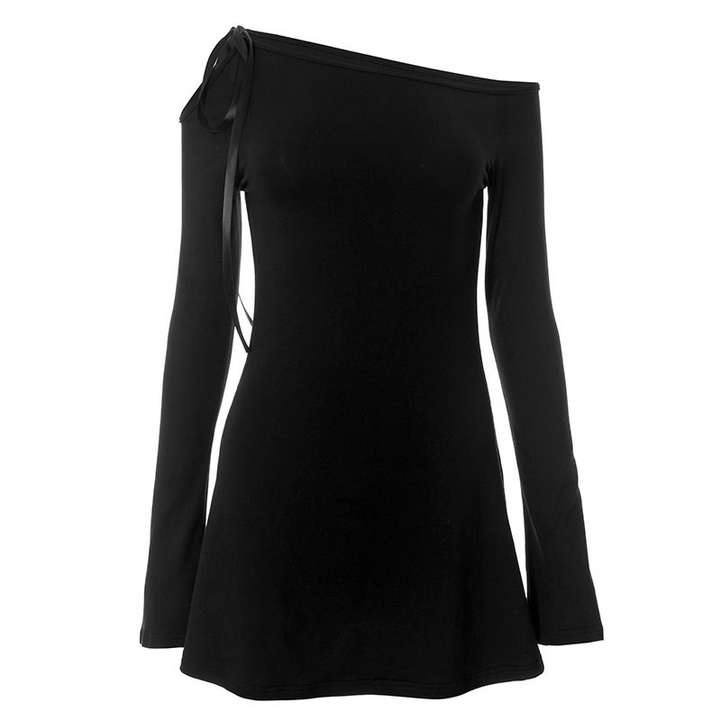 Abito da donna autunno monospalla con colletto obliquo, maniche lunghe, volant e fianchi_voghion.com