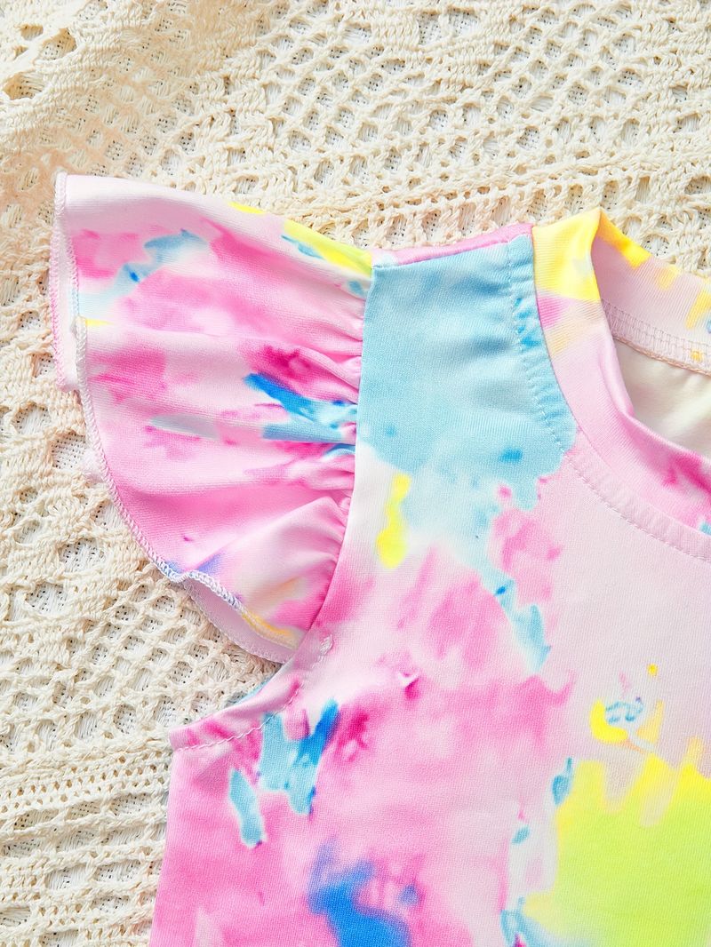 Mutter & Kinder INS Mädchen Sommerkleidung Kleine fliegende Ärmel Top Denim Print Hosenanzug Leggings Zweiteiler_voghion.com