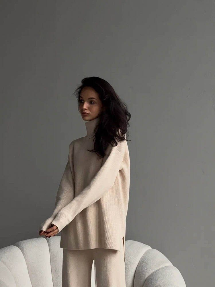 Women's High-Neck Knit Sweater & Pants Set - Long Sleeve Solid Color Lounge Outfit, Elegant Two-Piece Ensemble (Black/Beige, S/M/L/XL)_voghion.com