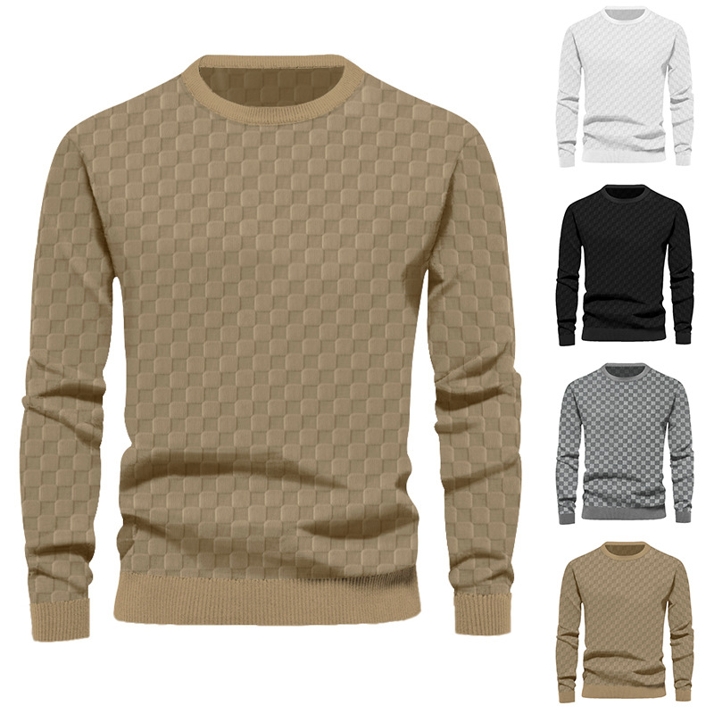 Heren herfst- en wintergebreid herenshirt met jacquard schaakbordruit ronde hals casual onderkant top met lange mouwen_voghion.com