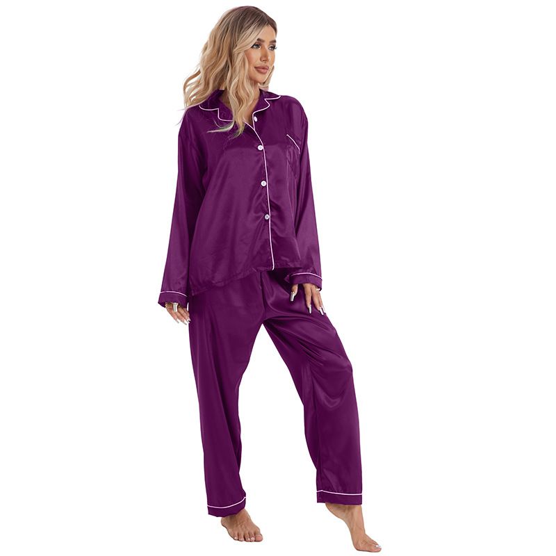 Homewear Turn-down Collar Ice Silk Pajamas Women's Sleeve Long Pants Two-piece Set Plus Size Satin_voghion.com