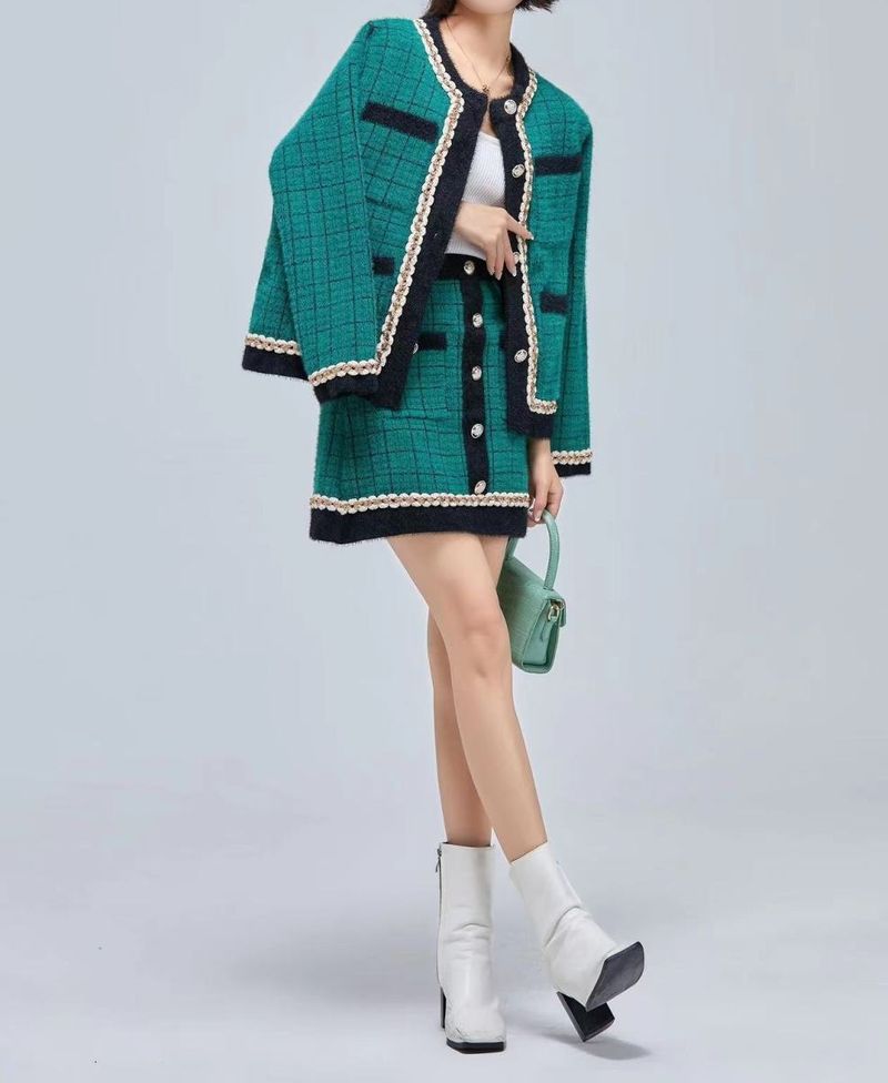 Women's Clothing new high end tweed jacket high waist skirt two piece suit_voghion.com
