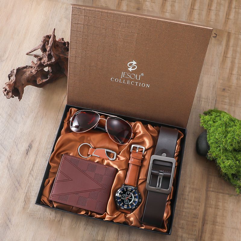 5pcs/set Men's Box Set Elegant Quartz Watch Sunglasses Belt Keychain Wallet Gift_voghion.com