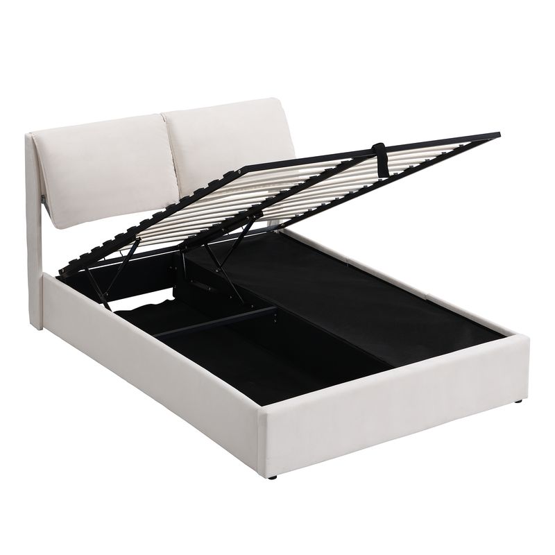 Lit coffre hydraulique 140 x 200 cm, 3 tiroirs, cadre de lit capitonné en velours beige avec sommier à lattes et tête de lit, matelas non inclus._voghion.com