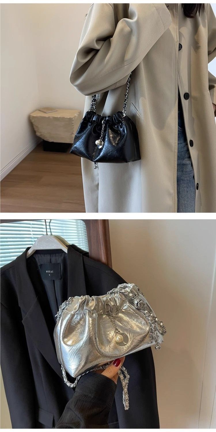 Sac bandoulière argenté plissé, sac seau polyvalent_voghion.com