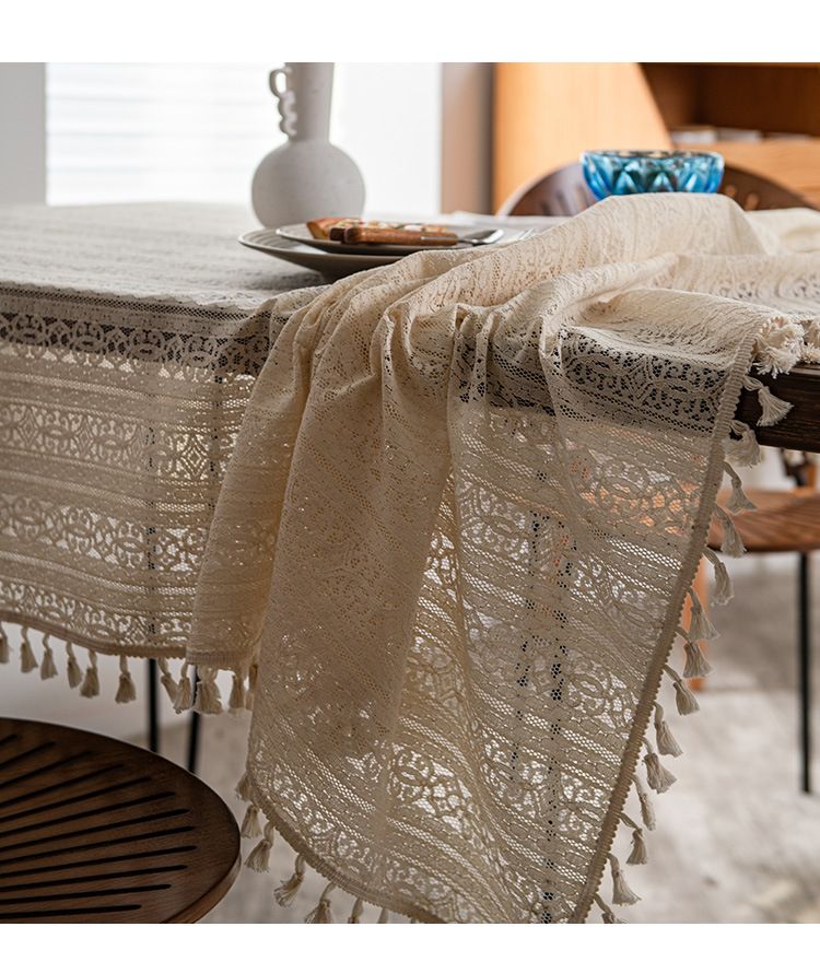 Holle witte kanten tafelkleed, katoenen en linnen stoffen decoratie achtergrond tafelkleed salontafel kwastje hoes handdoek_voghion.com