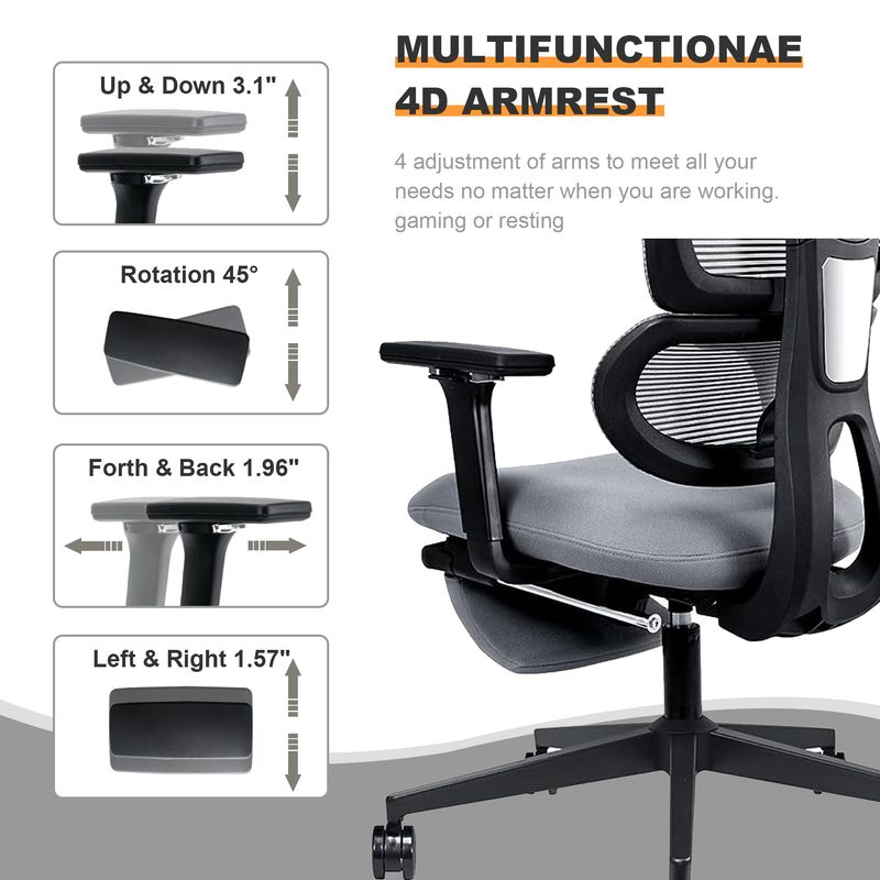 Multi-functional Ergonomic Mesh Office Chair With Adjustable Armrest,Footrest,Lumbar Support, 360° Silent Wheels,Headrest For Home & Office_voghion.com