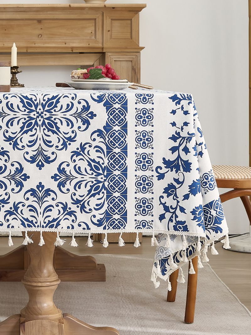 Tovaglia in porcellana blu e bianca – 59% cotone e 41% poliestere, antiscivolo e resistente al calore (rettangolare, 150x100 cm/150x300 cm)_voghion.com