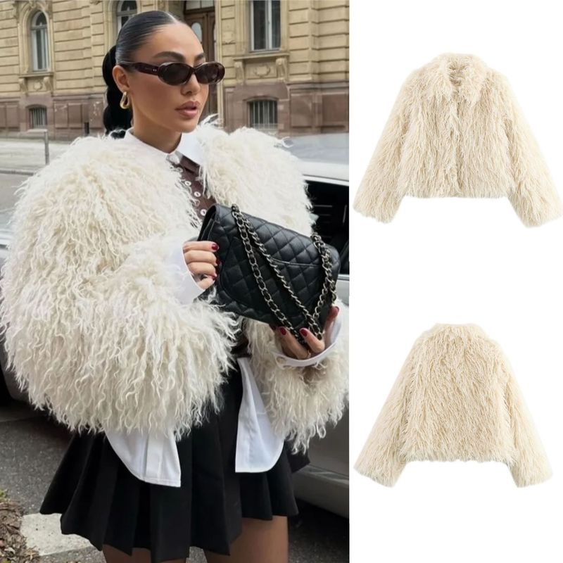 Damenbekleidung Luxus Kunstpelzmantel mit Reverskragen – Langärmlige Winterjacke in Cremeweiß für Damen (Streetwear & Elegante Styles)_voghion.com
