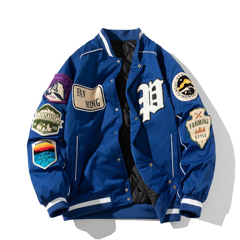 Veste d'hiver universitaire pour hommes et femmes, veste de baseball américaine avec badge à lettres, manteau de mode de rue Hip Hop, vêtements pour jeunes couples, bleu rouge_voghion.com