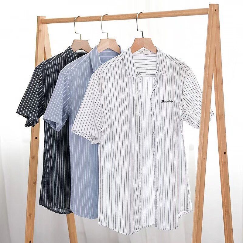 Camicia a maniche corte in lino di cotone a righe giapponesi per camicia da uomo in stile artistico sottile e versatile dell'estate 2024_voghion.com