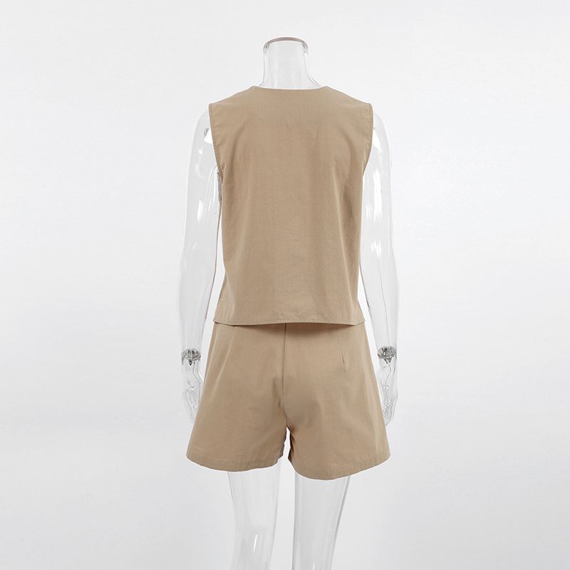 Gilet casual da pendolare da donna, pantaloncini senza maniche con scollo a V color kaki per donna_voghion.com