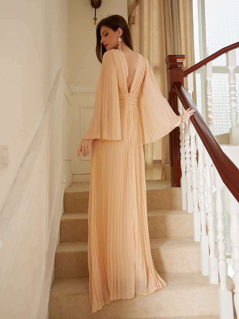 Robe de soirée longue élégante à col en V pour femme - Robe trapèze longue au sol avec volants, décolleté en V profond et manches longues pour banquet ou bal de fin d'année_voghion.com