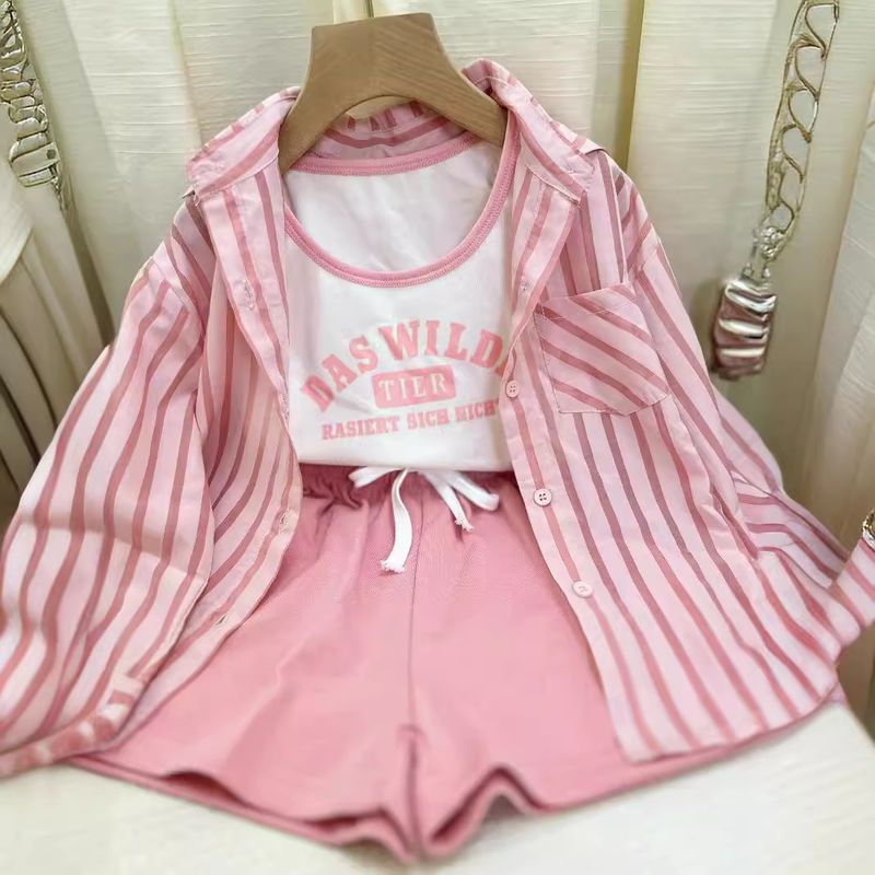 Kid's Clothing 2024 early autumn new girls' casual striped sunscreen shirt stylish vest shorts three piece set_voghion.com