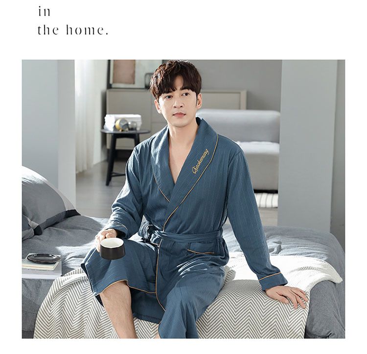 Meeste sügistalvised puuvillased pikkade varrukatega pidžaamad lahtised suur kampsun ruuduline keskmise pikkusega hommikumantel koduriided_voghion.com